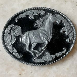 Western Running Horse Floral And Rope Details Black Enameled Belt Buckle 4987